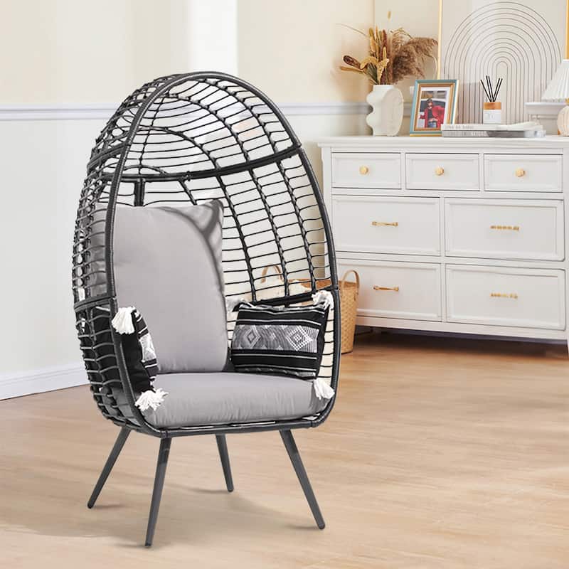 Outdoor 1-Person Wicker Rattan Egg Chair with Stand & Cushion for Porch, Bedroom - Grey