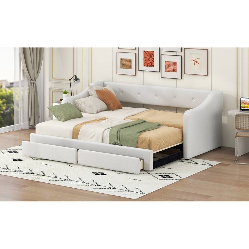 Twin XL to King Upholstered Daybed with Two Storage Drawers, Expandable Design, No Box Spring Required