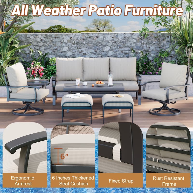EROMMY Patio Set: 360° Swivel Rockers, Sofa, Ottomans & Table – Outdoor Conversation Set for Poolside, Garden & Deck