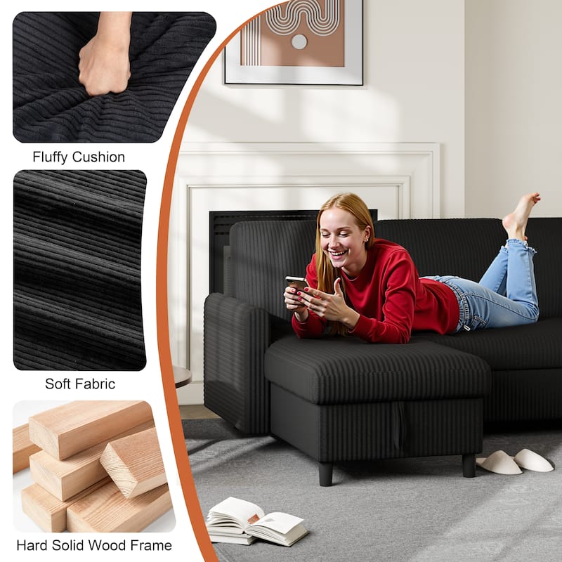 Futzca 3-in-1 Convertible Corduroy Sofa Bed with Storage, L-Shaped Sectional Couch