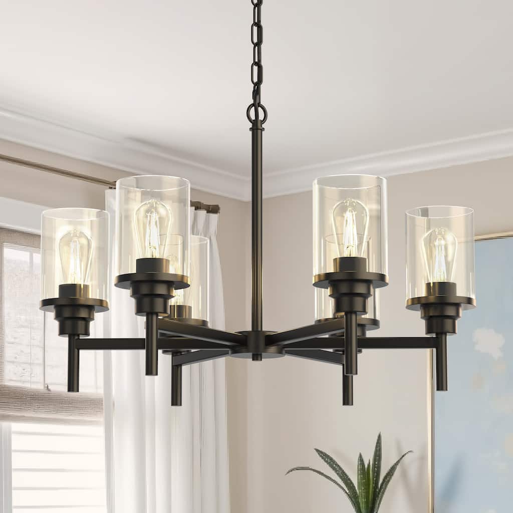 6-Light Matte Black Branch Chandelier, E26 Base, Clear Glass, No Bulbs