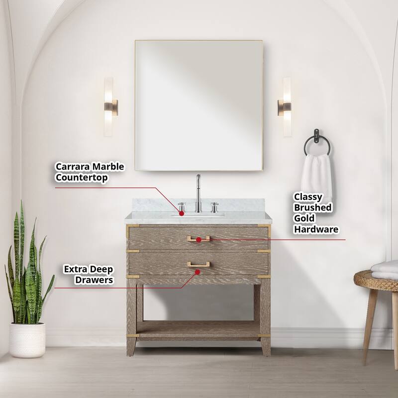 Norwalk Bath Vanity with Carrara Marble Top, Sink, Mirror and Faucet