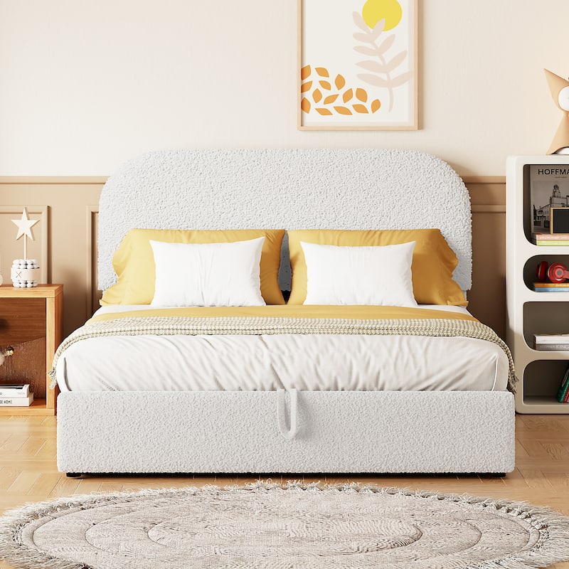 Full Size White Teddy Fleece Upholstered Platform Bed with Hydraulic Storage System Durable MDF Frame