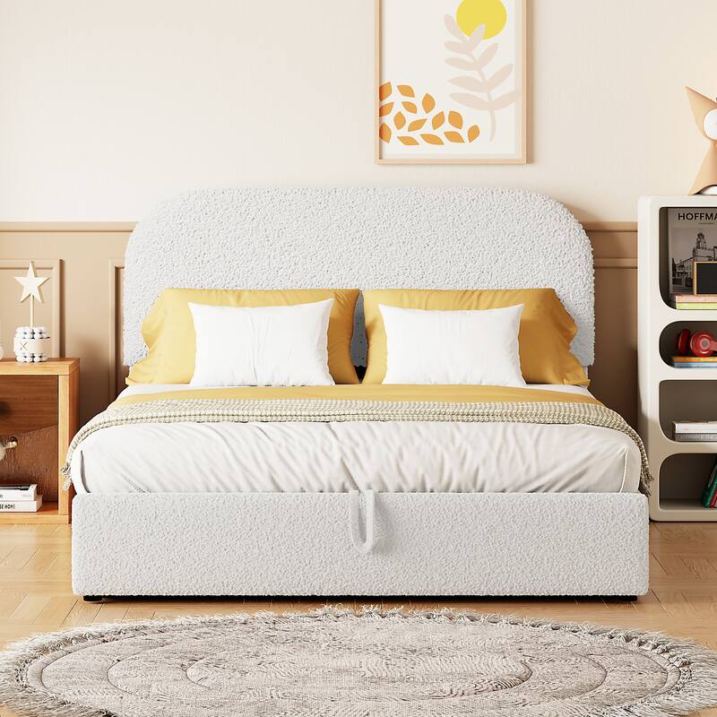 Luxury Teddy Fleece Fabric Bed Frame with Lift Up Storage, Upholstered Platform Bed Frame with Hydraulic Storage System