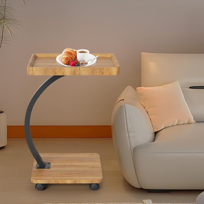 C-Shaped Side Table with Wheels, End Table for Small Spaces - Natural