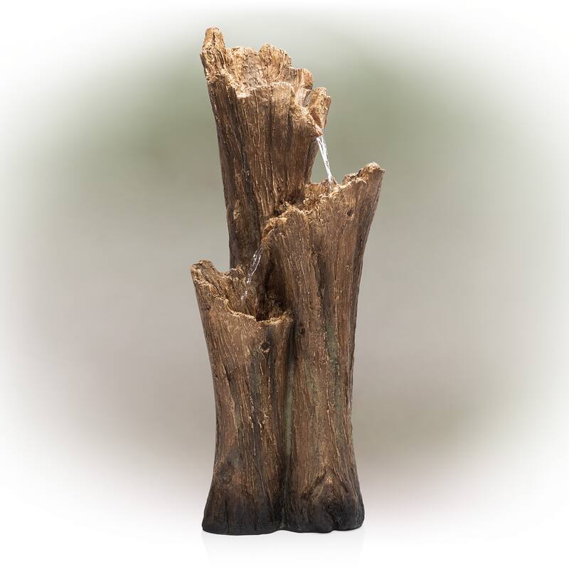 Alpine Corporation TZL210 39 Outdoor 3-Tiered Aged Log Water Fountain with LED Lights Garden Water Feature