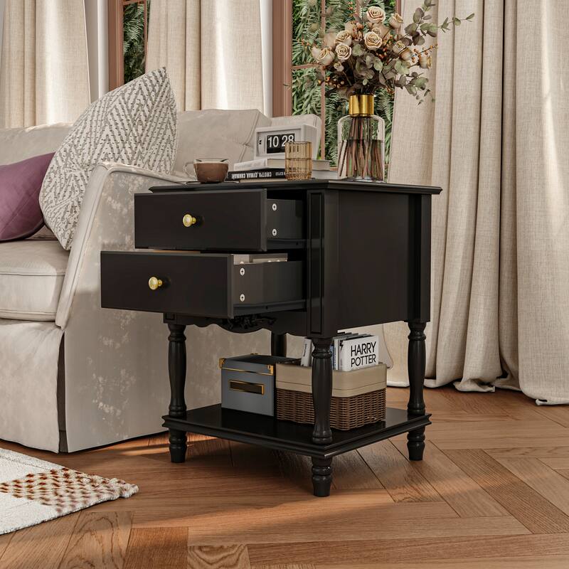 Nightstand Side Tables Drawers and Open Storage Shelf White Lacquer