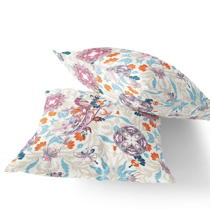 HomeRoots Set of Two 16" X 16" Blue and Off White Peacock Blown Seam Eclectic Indoor Outdoor Throw Pillow