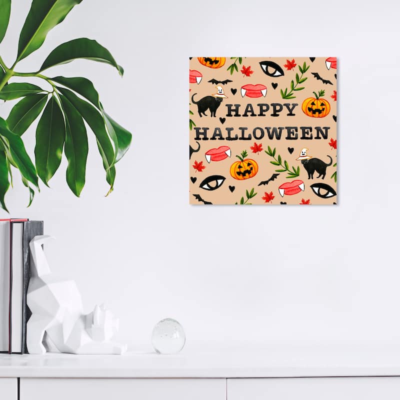 Wynwood Studio Prints Typography and Quotes Happy Halloween Pattern White Modern & Contemporary Wall Art Canvas Print - 12 x 12
