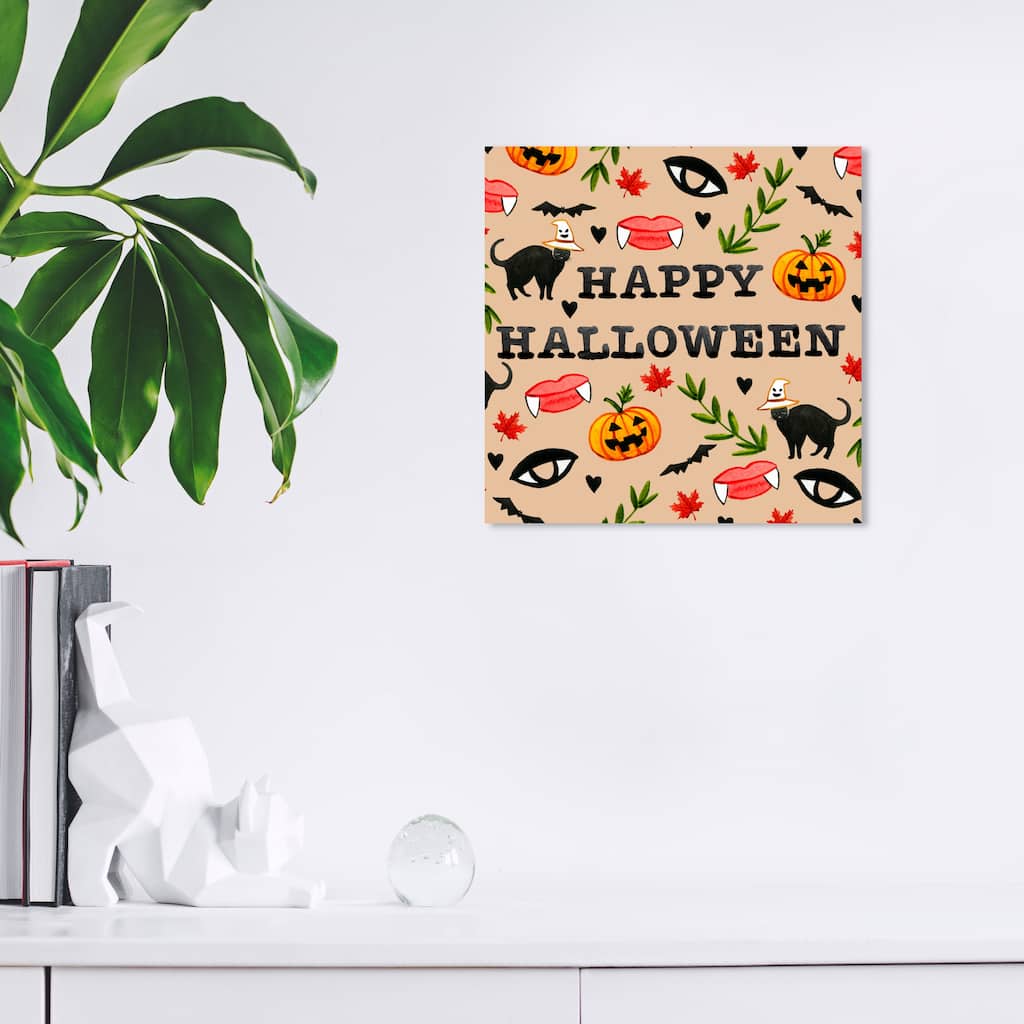 Wynwood Studio Prints Typography and Quotes Happy Halloween Pattern White Modern & Contemporary Wall Art Canvas Print