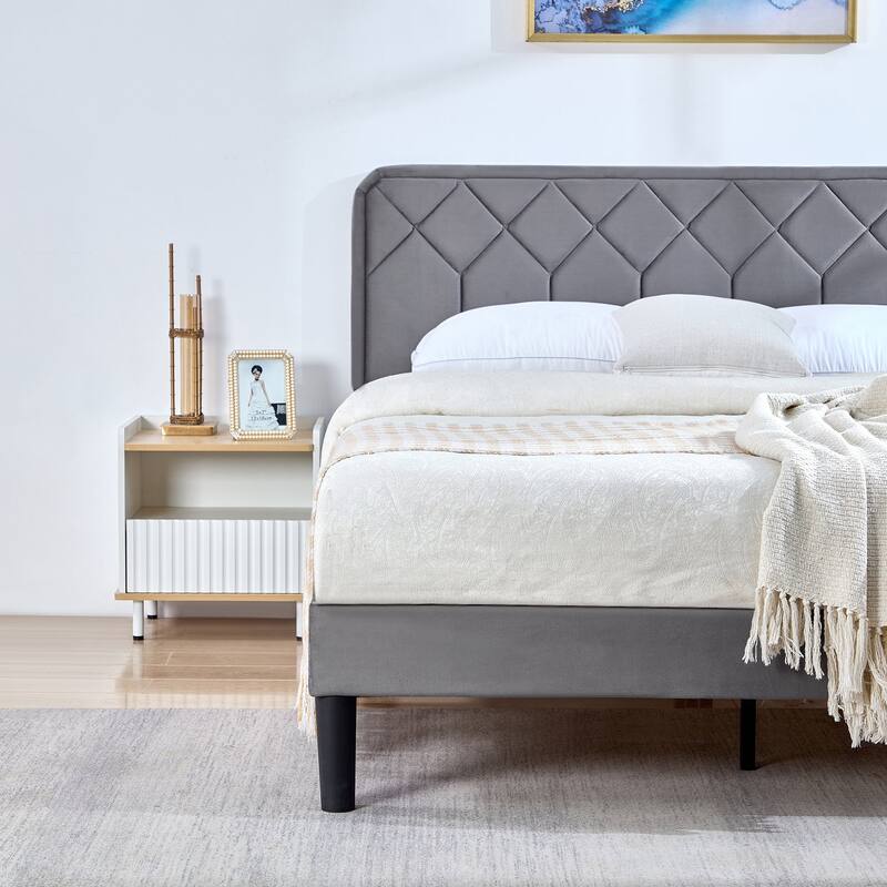 VECELO Adjustable Height Velvet Headboard Grey Bed Frame with Diamond Tufted Twin/Full/Queen Sizes Frame with Center Support Leg