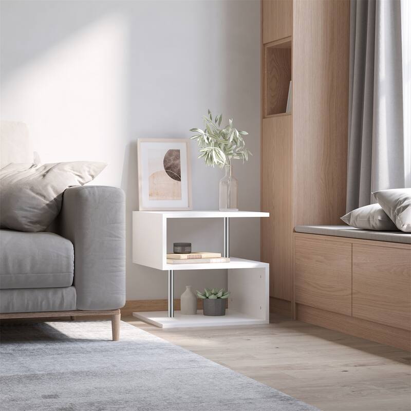 S-Shaped Coffee Table with Storage Shelf and Steel Poles