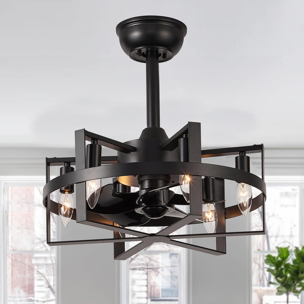 18" Industrial Metal Caged Ceiling Fan with Remote and Light Kit 6-speed Reverisble Chandelier - 17.7 Inch