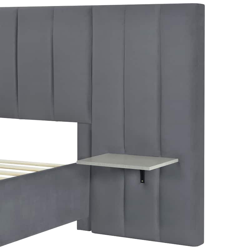 Queen Size Upholstered Platform Bed with Big Headboard, Bedroom Furniture, Velvet, Beige