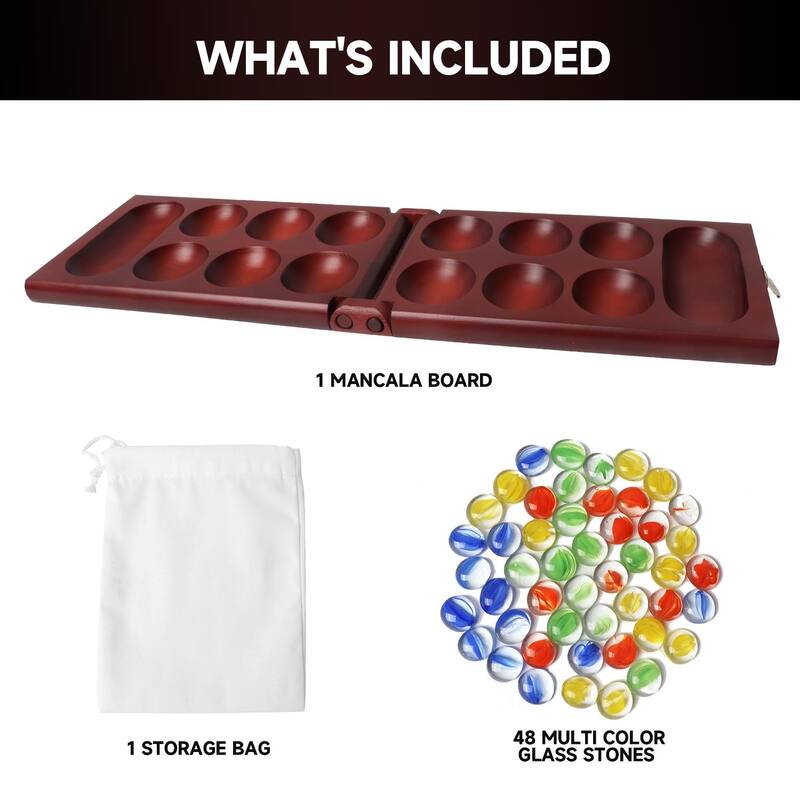 GSE™ Mahogany Folding Wooden Mancala Board Game with Multi-Color Glass Stones and Storage Bag