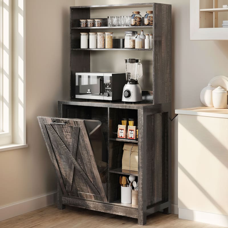 Moasis 6-Tier Bakers Rack Cabinet with Microwave Stand and Trash Can Bin, Coffee Bar Table Station with Power Outlets