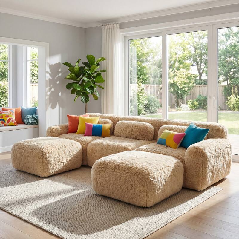 Homy Casa Light Khaki Modular Sectional Sofa, Soft Plush Fabric Cloud Couch with Anti-Slip Base & Decorative Pillows
