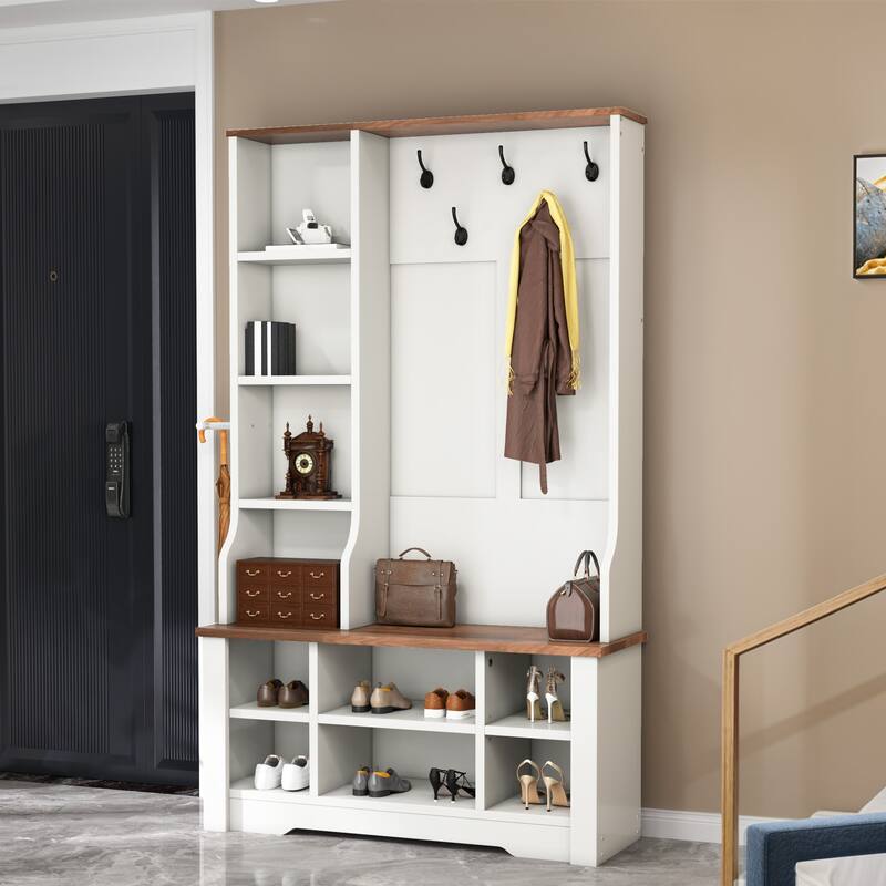 Moasis 39"/59" Farmhouse Hall Tree Bench Shoe Storage Coat Rack for Entryway with Adjustable Shelf - White - 39"