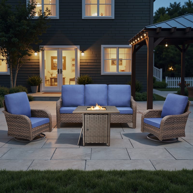 Pocassy Patio Sofa Swivel Chair with Fire Table Funiture - Blue Cushion - Brown Wicker - 4-Piece Sofa Swivel Chair with Fire Table