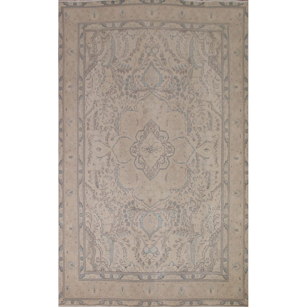 Floral Distressed Tabriz Persian Vintage Rug Hand-knotted Wool Carpet - 6'3" x 9'6"