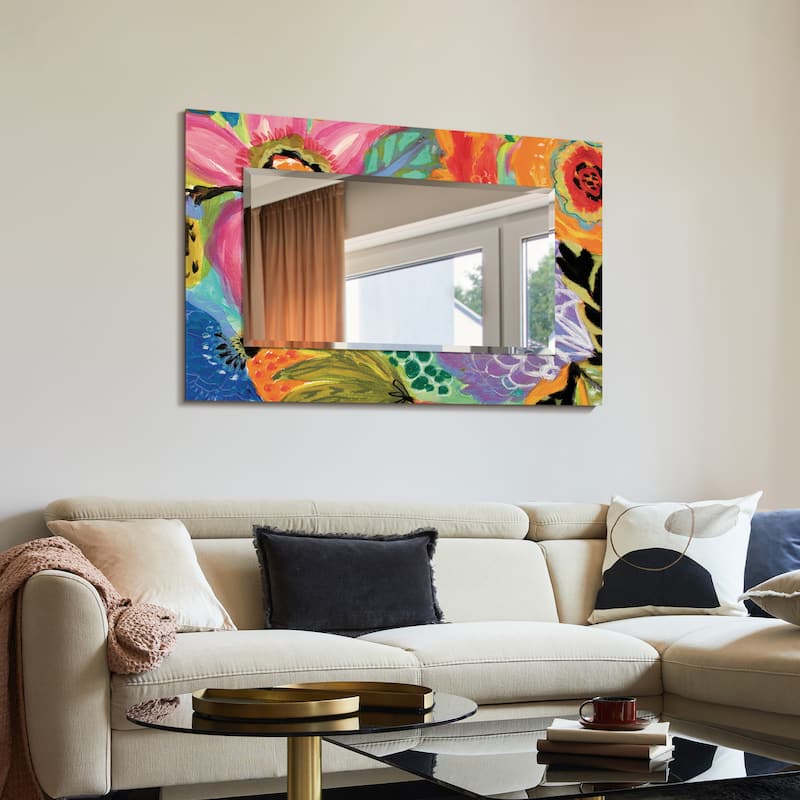 "Secret Garden Floral II" Rectangular Beveled Mirror on Free Floating Reverse Printed Tempered Art Glass - 48" x 32"