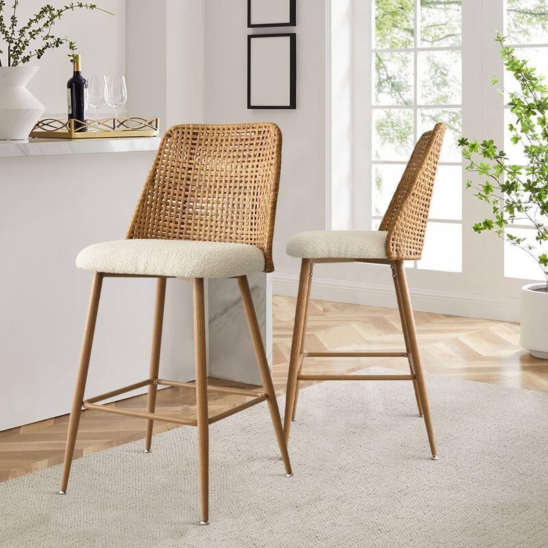 27" Upholstered Boucle Rattan Back Counter Stool - Set of 2