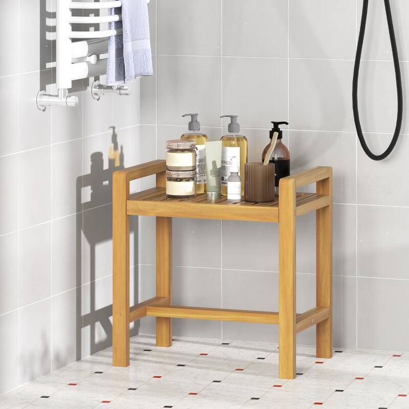 Gymax Teak Wood Shower Bench Solid Wood Stool for Inside Shower