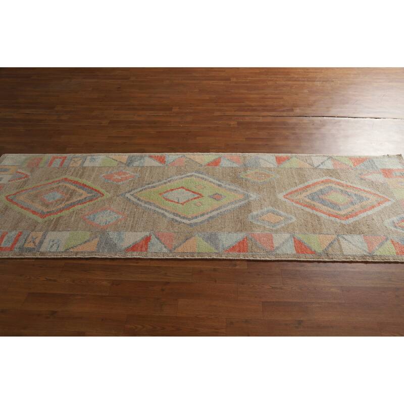 Hand Knotted Oriental 100% Wool Carpet Transitional Geometric Brown Oushak Runner Rug - 8' 8'' X 3' 0''