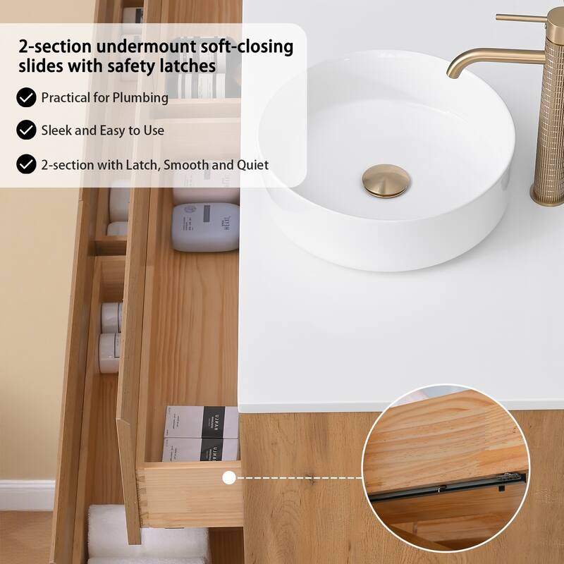 Sylphar 60 inch Toffee Oak Floating Bathroom Vanity with White Quartz Top