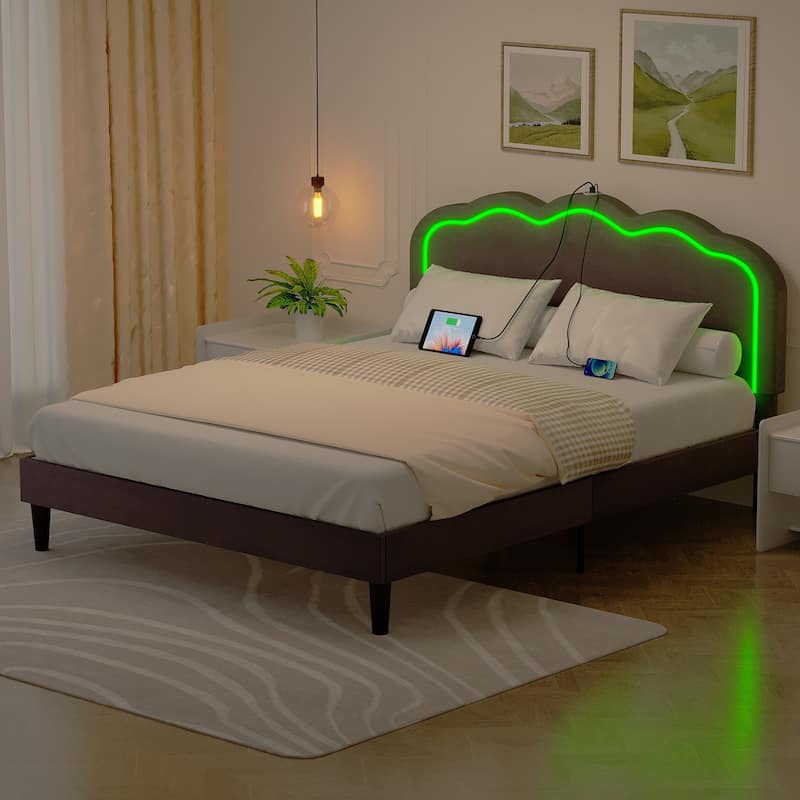 VECELO Luxury Velvet Smart Bed Frame with RGB Headboard & USB/Type-C Charging Height-Adjustable Headboard