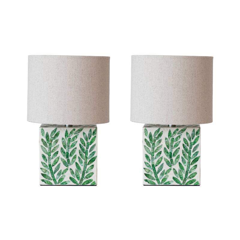 Reclaimed Wood and Shell Botanical Table Lamp with Linen Shade - 9.1"L x 9.1"W x 13.6"H