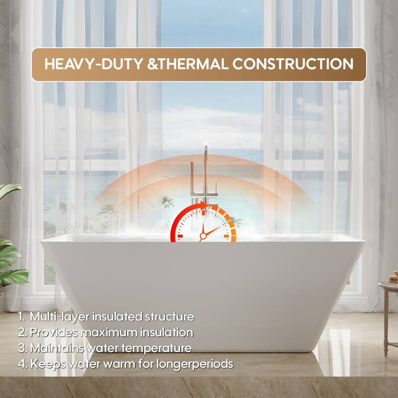Freestanding Soaking Bathtub, 100% Pure Virgin Acrylic with Drain And Overflow,Glossy White