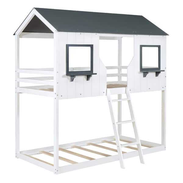 slide 2 of 13, Reliable Safety Design Twin Over Twin Bunk Bed Wood Bed with Roof, Window, Guardrail, Ladder White+Grey
