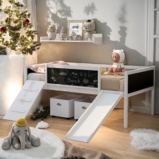 Twin size Loft Bed Wood Bed with Double-sided Chalkboard, White
