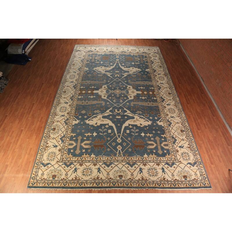 All-Over Blue & Ivory Oushak Indian Large Rug Hand-Knotted Wool Carpet - 13'1"x 20'7"