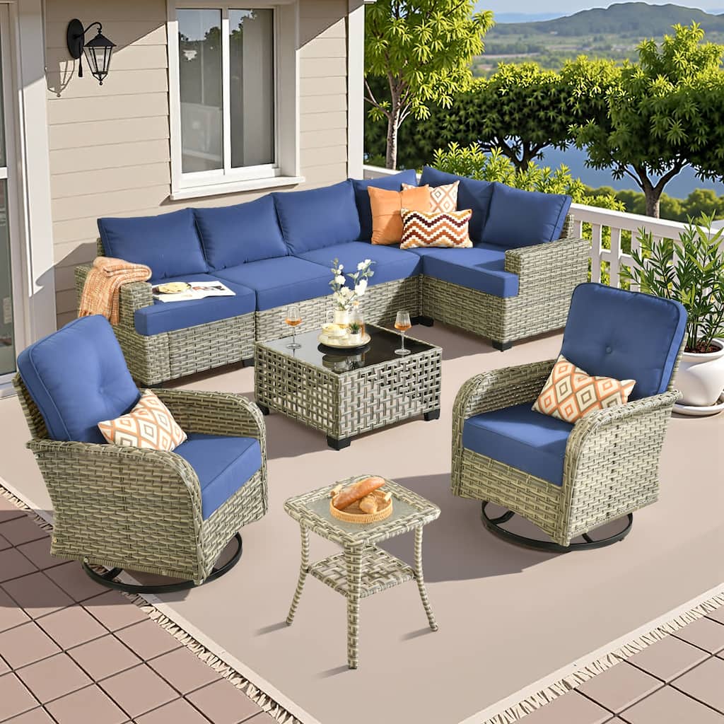 HOOOWOOO 9-piece Wicker Patio Furniture Set Sectional Sofa with Swivel Chair.