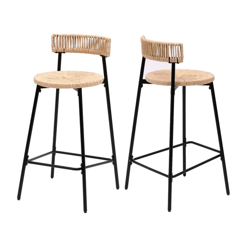 Handwoven Paper Rope Counter Stools Set of 2, Dining Chair with Back and Footrest, Kitchen Island Chair with Metal Frame