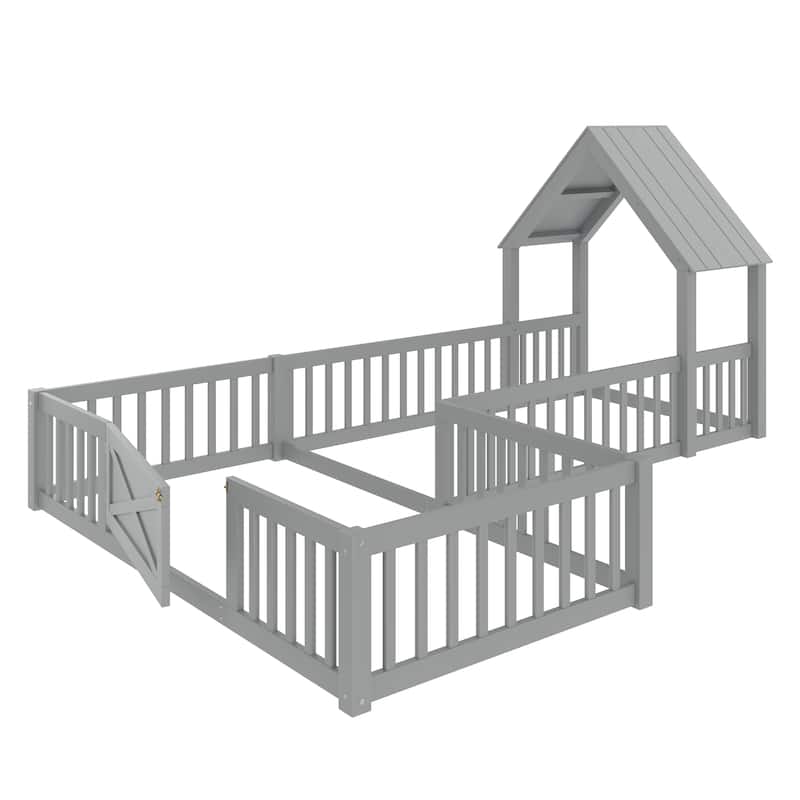 Montessori Floor Bed for Toddler Kids, L Shape House Bed with Door and Guardrails, Double Bed Frame Design for Sleeping and Play