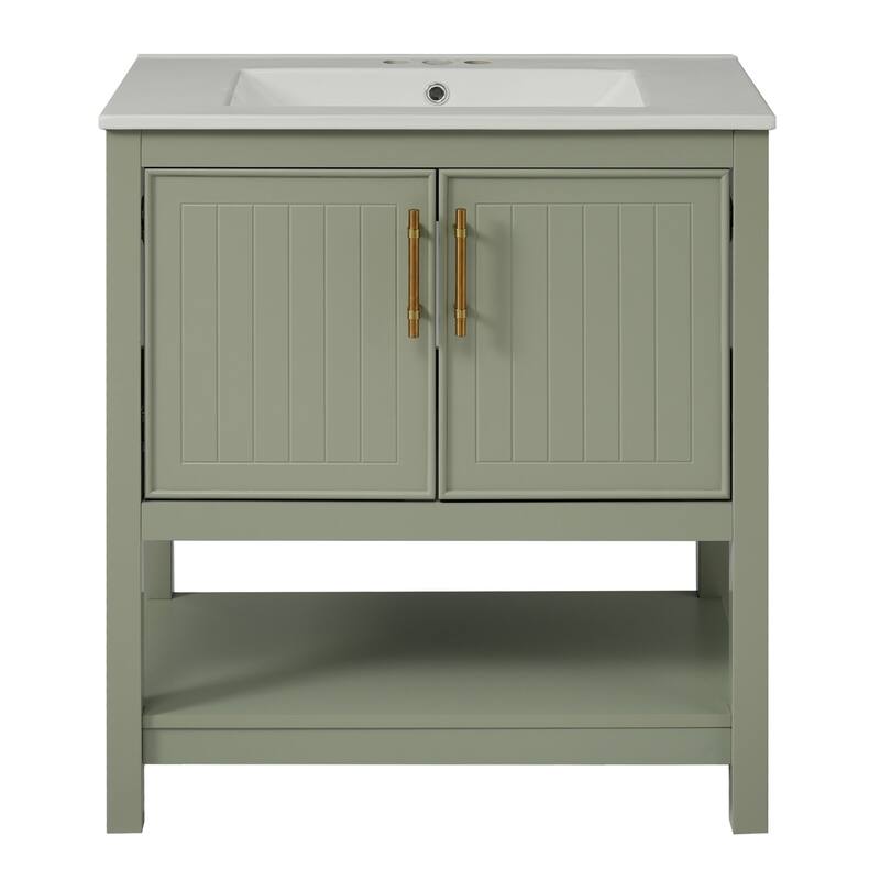 Modern 30" Bathroom Vanity Set with Ceramic Sink, Gold Accents, Soft-Close Doors & Open Shelf for Small Spaces