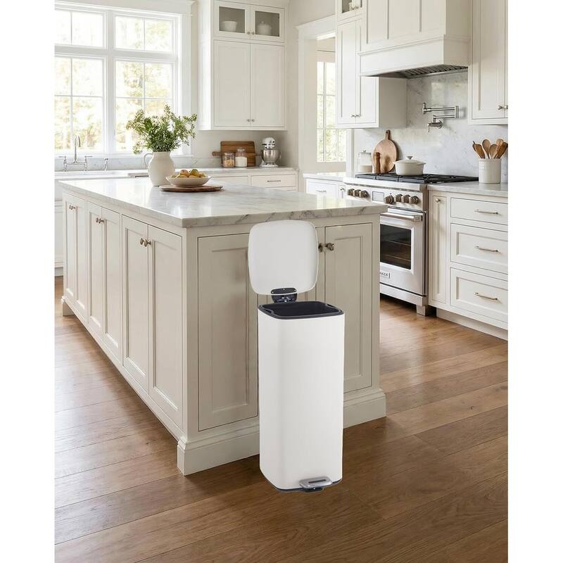 8 Gal / 30L Square Step Trash Can Stainless Steel with Lid and Inner Bucket White