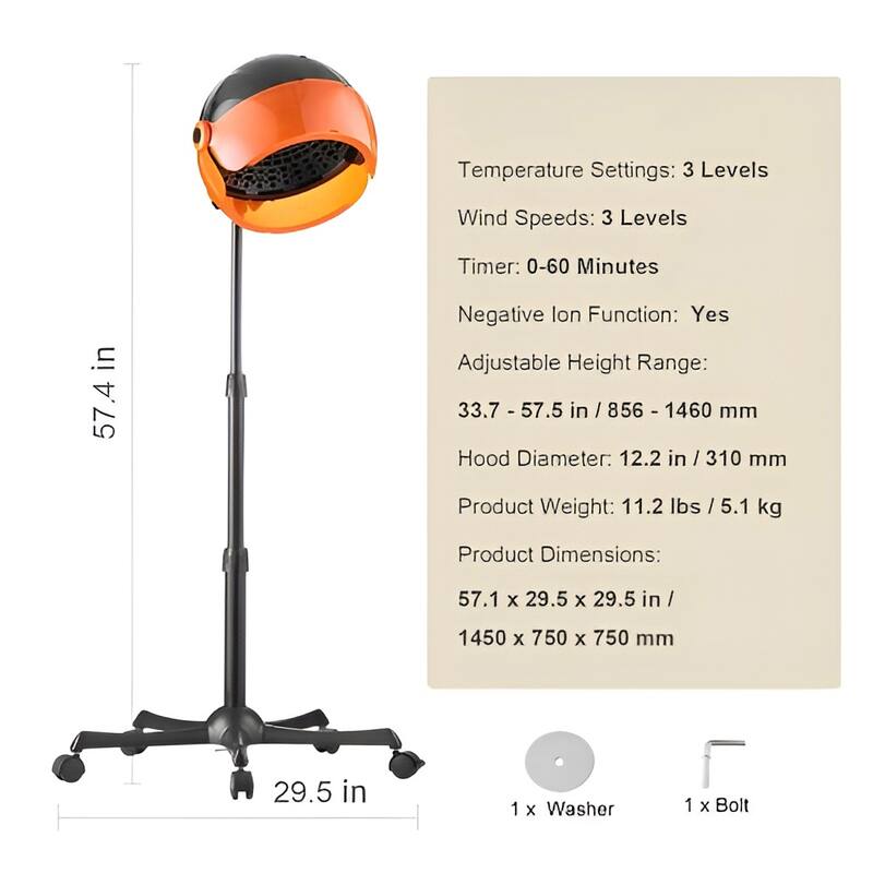 Ionic 1875W Hooded Hair Dryer with Timer & Adjustable Height - 57.1 x 29.5 x 29.5 in