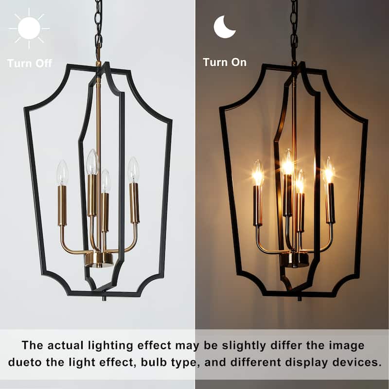 Modern Farmhouse 4-Light Black Gold Lantern Chandeliers Metal Pendant Light for Dining Room