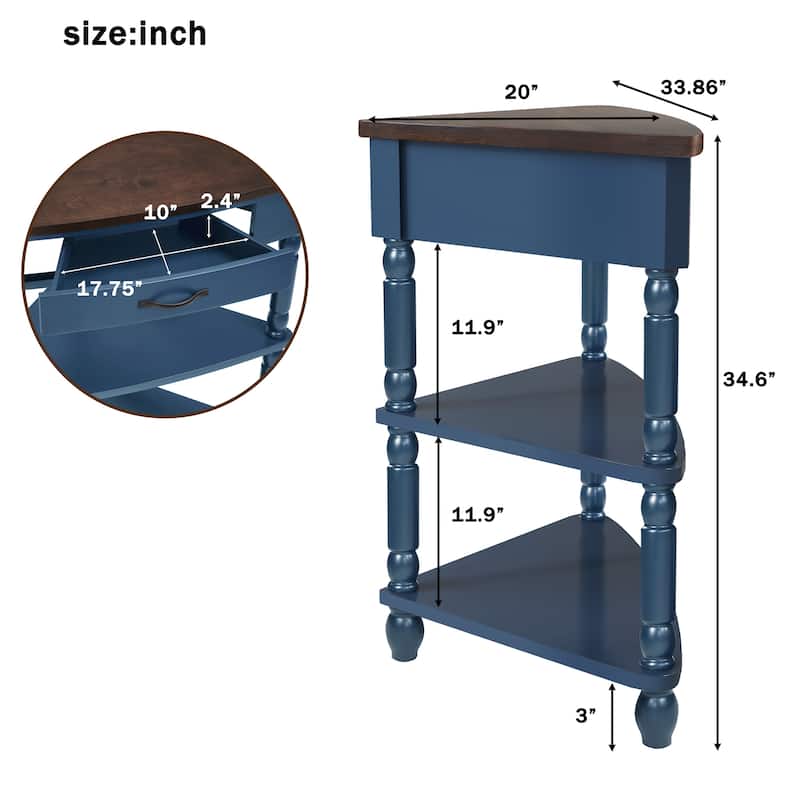 3 Tier Rack Corner Table Small Side Table Sorage End Corner Table with Drawer, Safe Rounded Corner Design and Solid Wood Legs