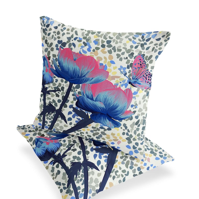 HomeRoots Set of Two 16" X 16" Blue and Pink Butterfly Blown Seam Floral Indoor Outdoor Throw Pillow - 16.00' X '16.00' X '5.00