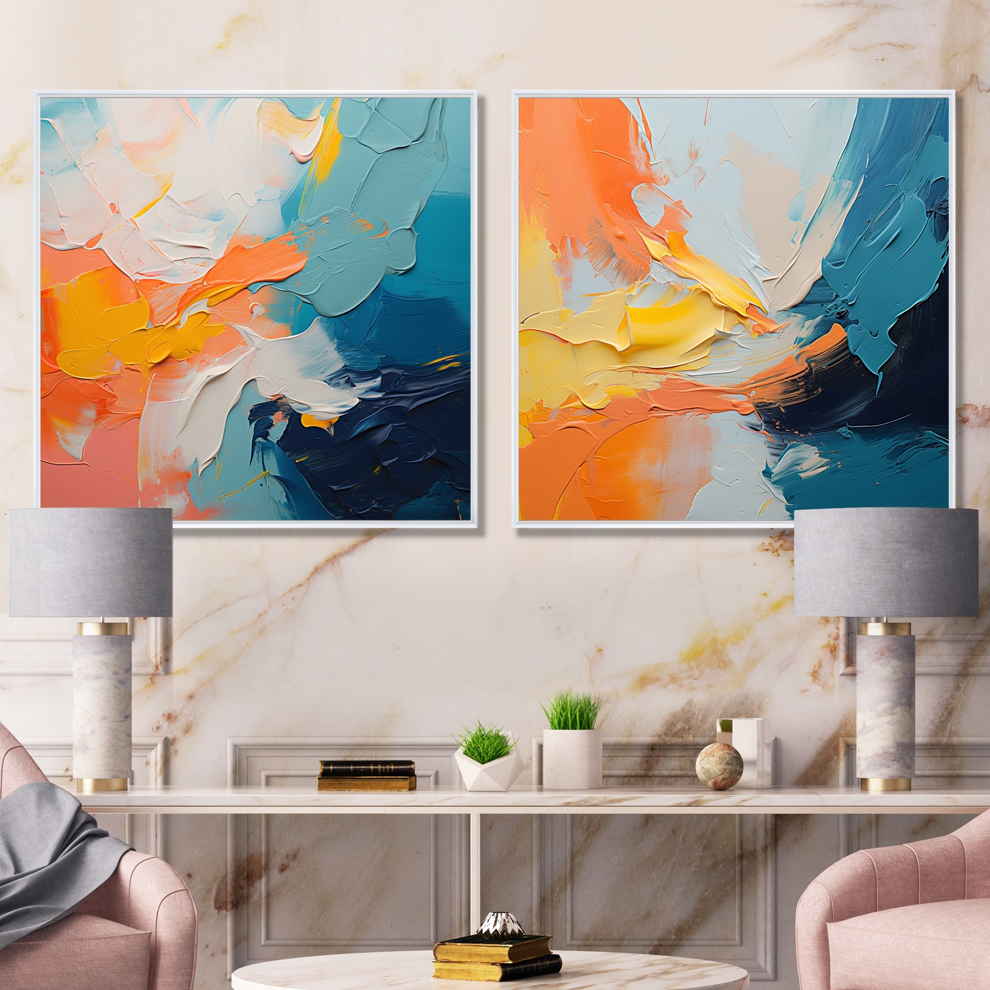 Designart "Blue And Orange Paint Abstract Expression IV" Abstract Painting Framed Wall Art - Modern Wall Decor 2 Pieces