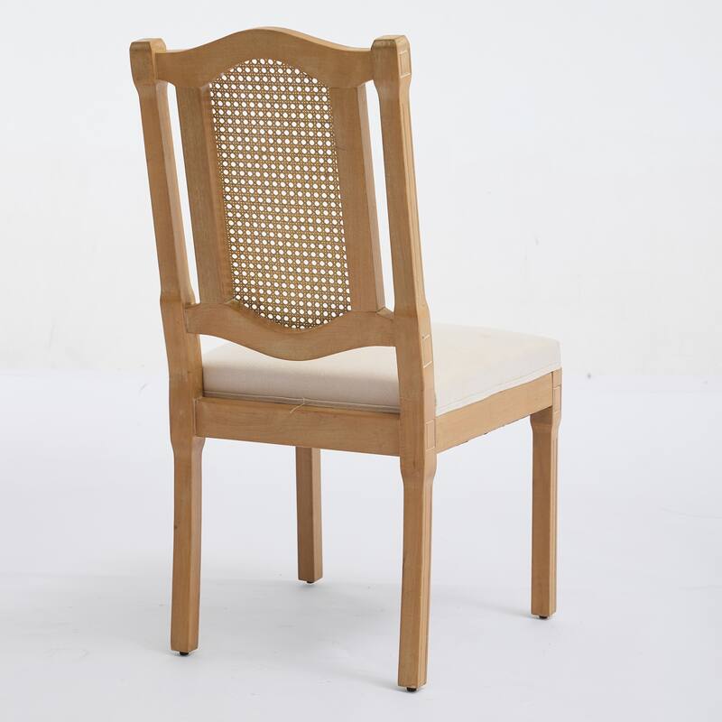 Set of 2 Full Solid Wood Rattan-Back Dining Chair, Matte Linen Cushion with High-Resilience Foam & S-Springs