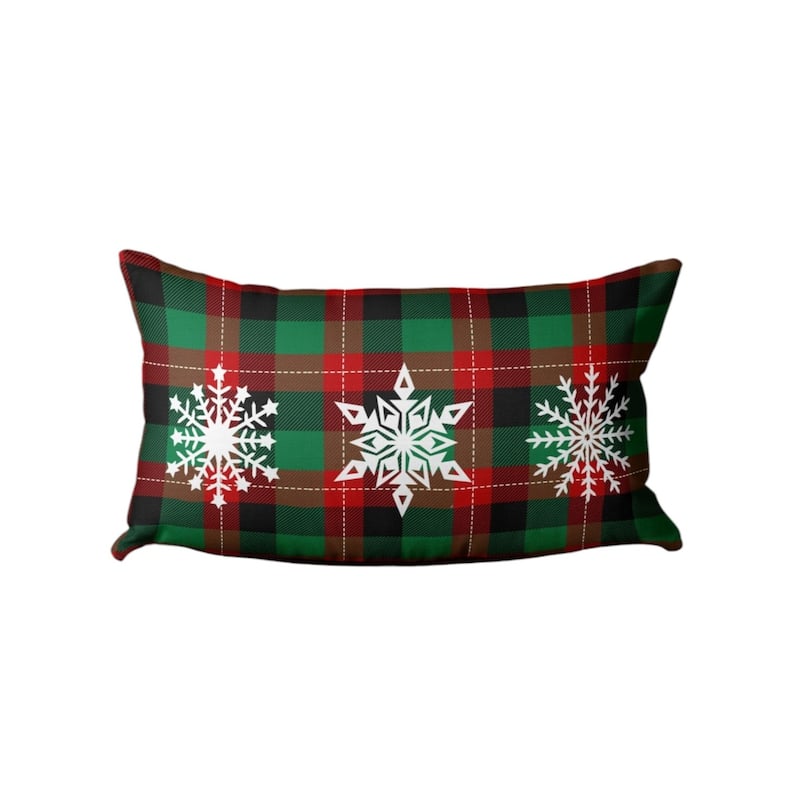 HomeRoots 12" X 20" Green Red And Black Christmas Snowflakes Trio Plaid Throw Pillow Cover