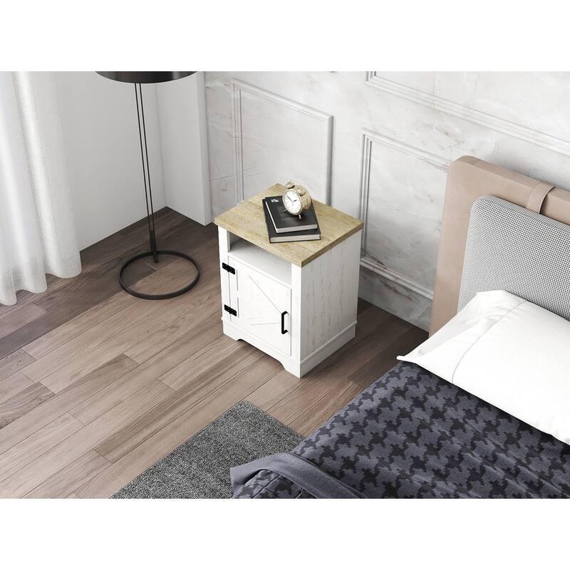 Farmhouse Nightstand, Modern Bedside Table with Barn Door and Shelf, Rustic End Table Side Table for Bedroom, Living Room