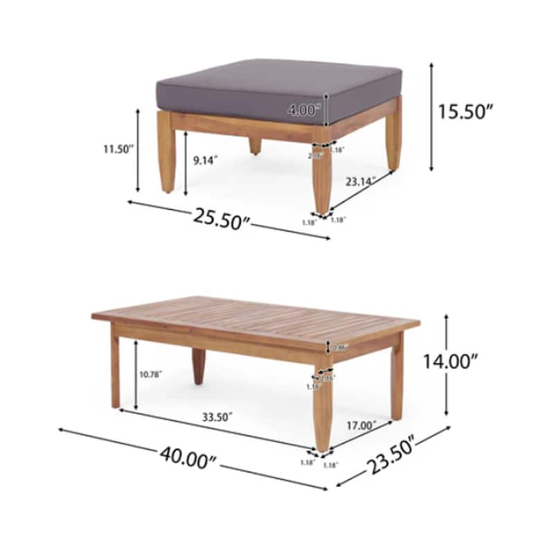 Gail Outdoor Ottoman and Coffee Table Set, Brown Acacia Wood, Gray