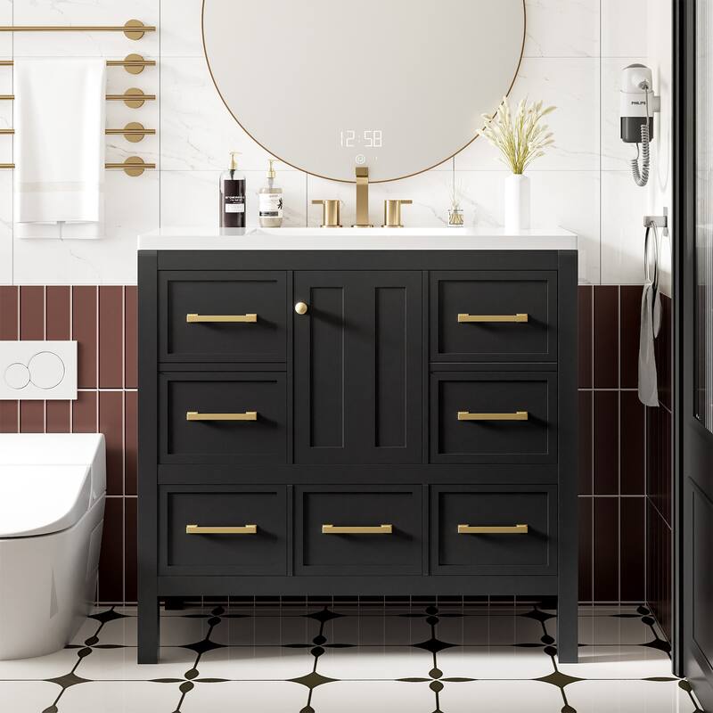 GDFStudio - Rivinia Modern Freestanding Bathroom Vanity Set with Resin Sink and 5 Drawers & Soft Closing Doors - 36'W